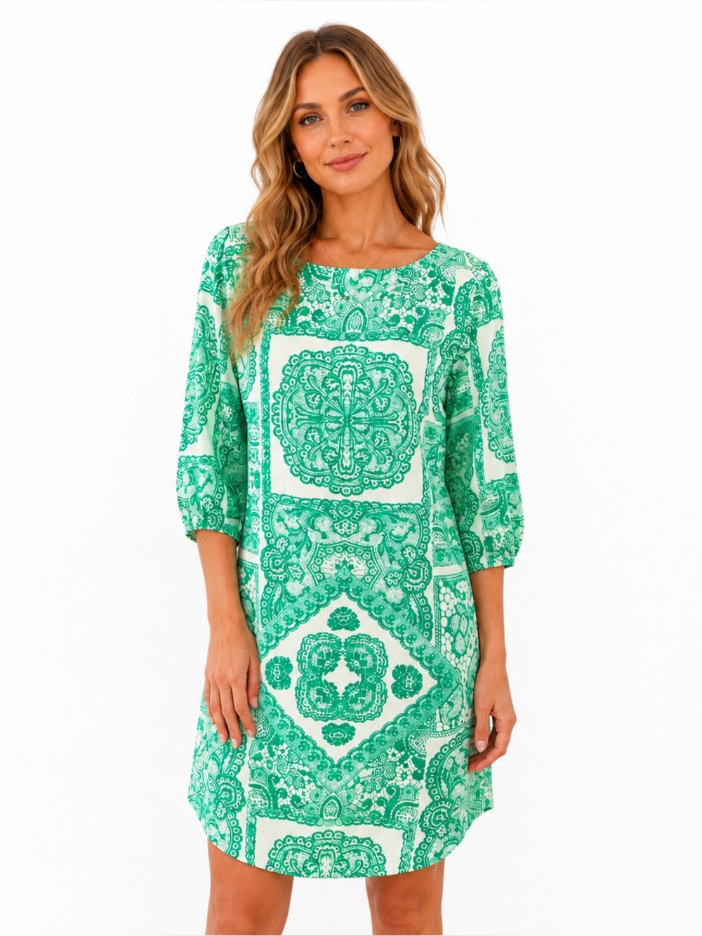 NWT Pink Owl Apparel Green Cream Paisley Print‎ Shift Dress Small